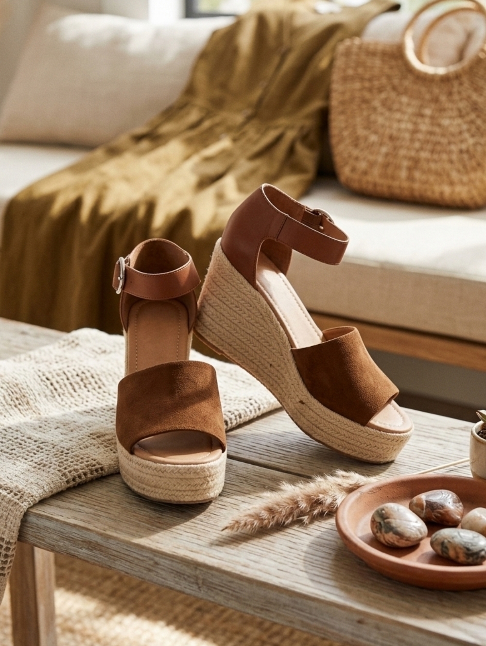 Nine West Adell Brown Suede Espadrille Wedge Sandals - Boho Neutral Summer Essen